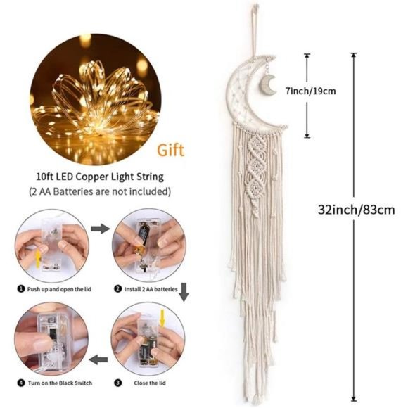 Macrame Woven Wall Hanging Moon Dream Catcher- Boho Chic Bohemian Home Decor - Picture 4 of 6